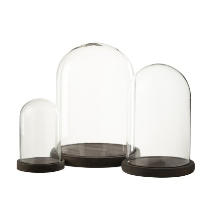 Cloche décorative socle marron en verre transparent 23x23x29 cm